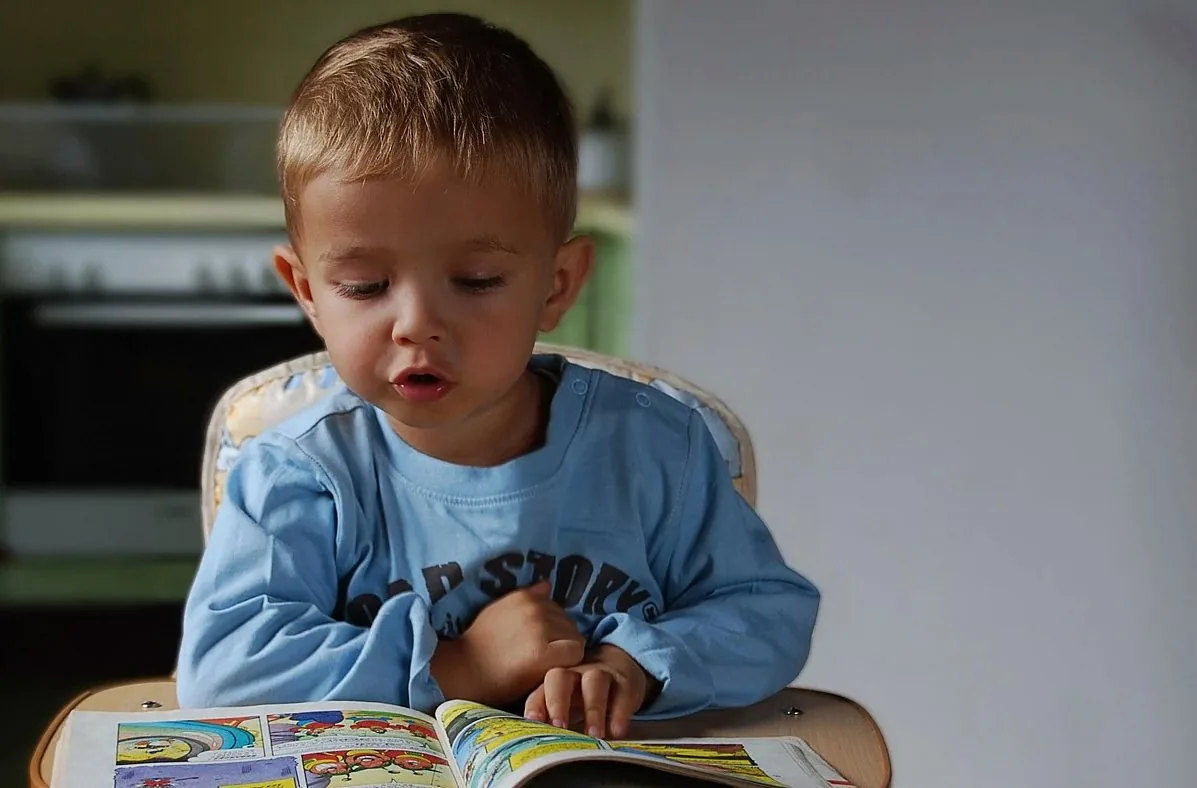 boy, read, small child, training, comic, everyday, fun, cute, child, think, text, high chair, high chair, high chair, hi
